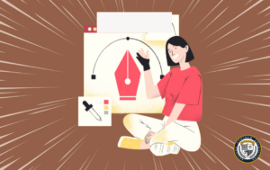 Ilustracja pokazuje interfejs programu do rysowania z czerwoną ikoną pióra i narzędziami graficznymi. Obok siedzi postać kobiety w czerwonym stroju, prezentująca program. Grafika symbolizuje prostotę korzystania z programów do rysowania.