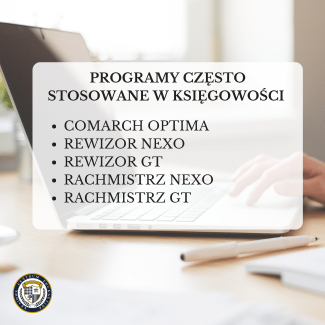 Grafika z wypisanymi programami stosowanymi w księgowości. Comarch Optima, Rewizor Neox, Rewizor GT, Rachmistrz Nexo, Rachmistrz GT