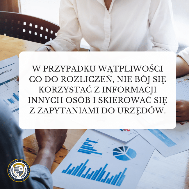 Grafika z przeglądaniem dokumentów i statystyk przez kilka osób. Prowadzenie samodzielne księgowości. Napis:W przypadku wątpliwości co do rozliczeń, nie bój się korzystać z informacji innych osób i skierować się z zapytaniami do urzędów.