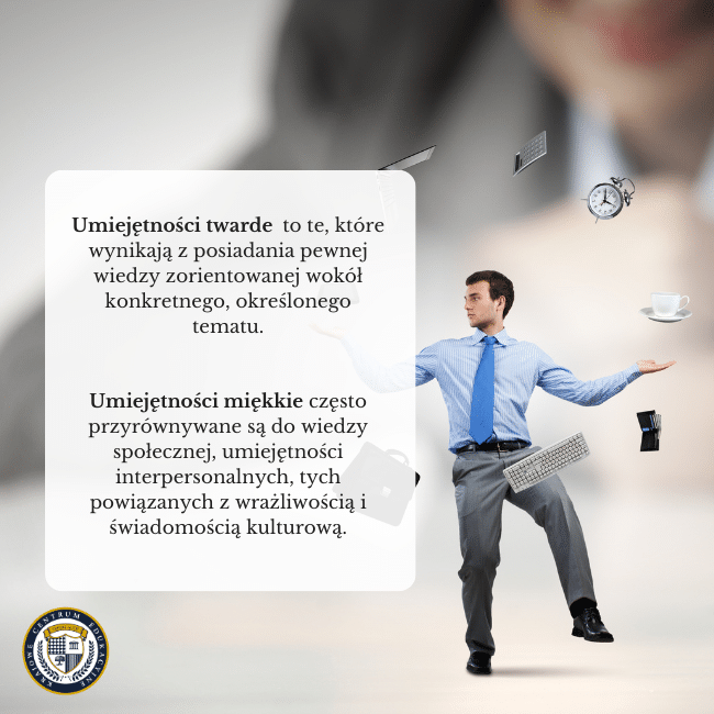 Grafika z wypisanymi definicjami umiejętności miękkich i twardych.