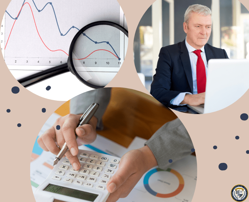 Praca analityka finansowego - kalkulator, wykresy, laptop
