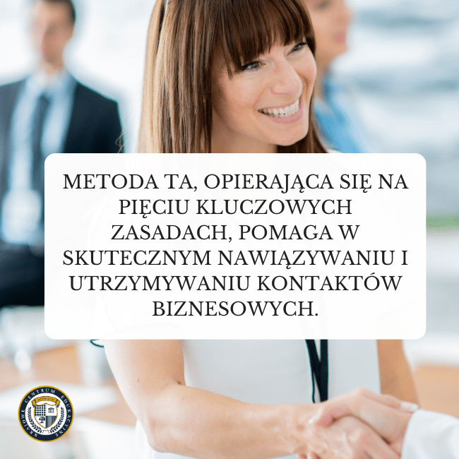 Zdjęcie uśmiechniętej kobiety, która ma ściskaną dłoń. Napis na środku: Metoda ta, opierająca się na pięciu kluczowych zasadach, pomaga w skutecznym nawiązywaniu i utrzymywaniu kontaktów biznesowych.