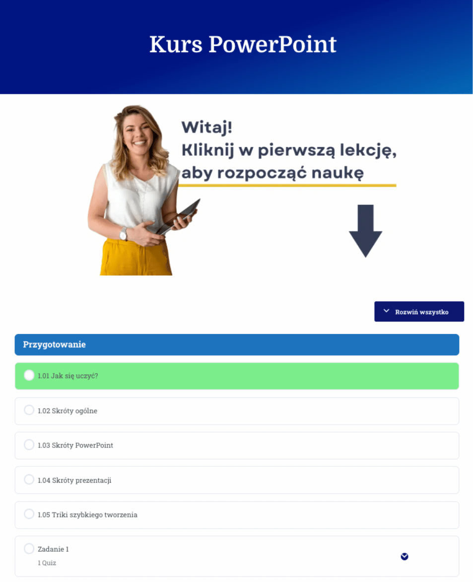 Kurs PowerPoint wnętrze platformy edukacyjnej