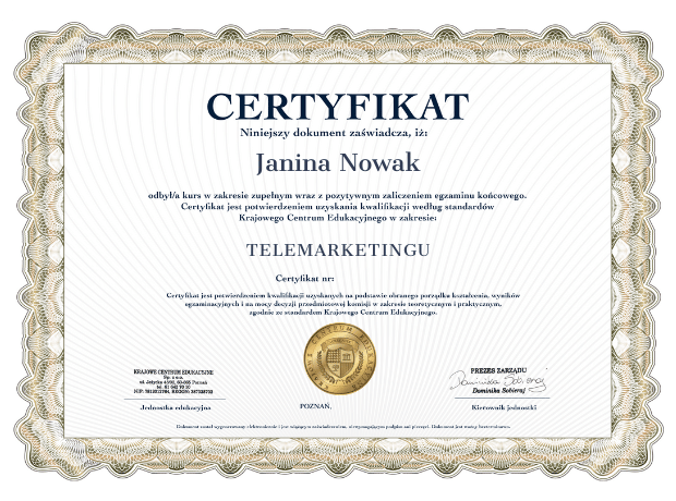 Wzór certyfikatu ze szkolenia z telemarketingu