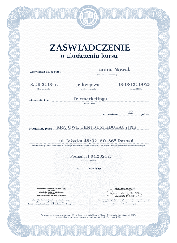 Wzor Zaswiadczenia o ukonczonym szkoleniu z telemarketingu