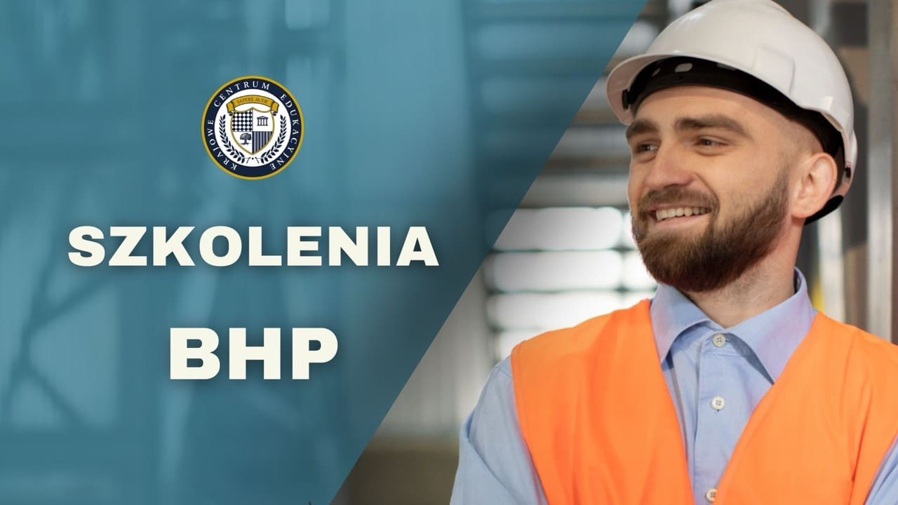 Zdjęcie pracownika w odzieży ochronnym i kasku, po lewej stronie napis "Szkolenia BHP"
