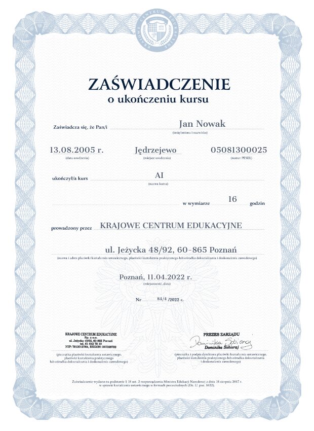 Zaświadczenie o ukończeniu kursu AI