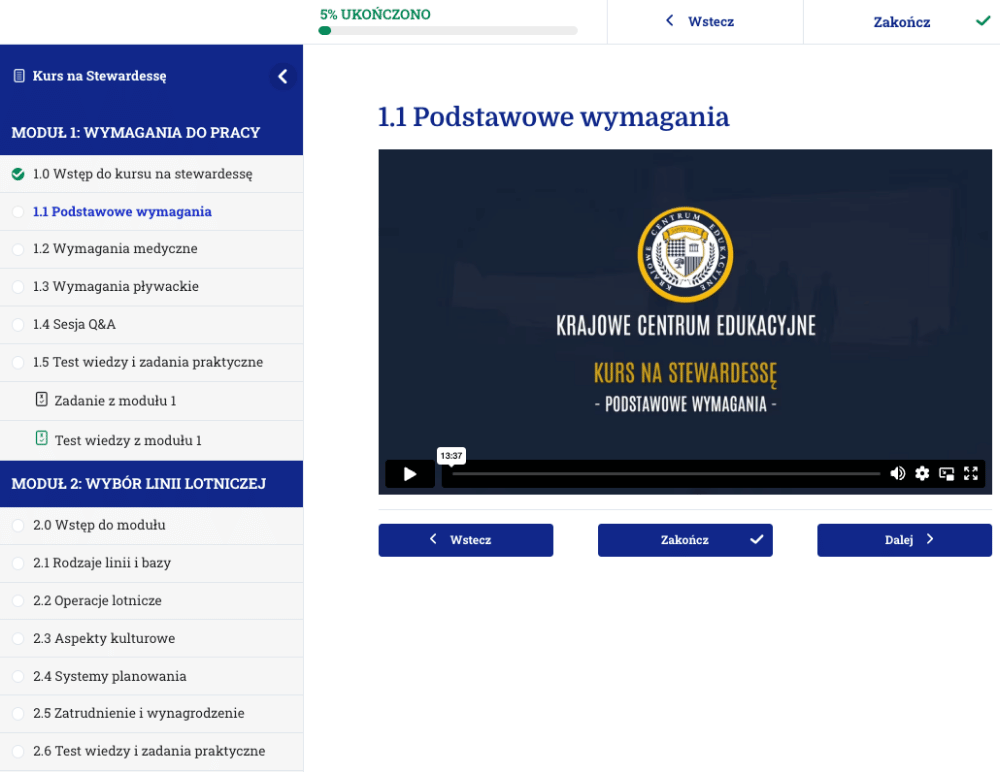 Wnętrze platformy szkoleniowej kursu na stewardessę lekcja