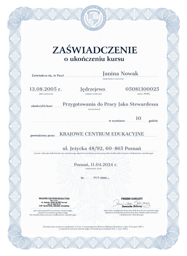 Zaświadczenie o ukończonym kursie przygotowania do pracy jako stewardessa