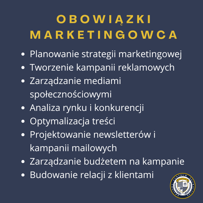Obowiązki marketingowca: Planowanie strategii marketingowejTworzenie kampanii reklamowych Zarządzanie mediami społecznościowymi Analiza rynku i konkurencji Optymalizacja treści Projektowanie newsletterów i kampanii mailowych Zarządzanie budżetem na kampanie Budowanie relacji z klientami