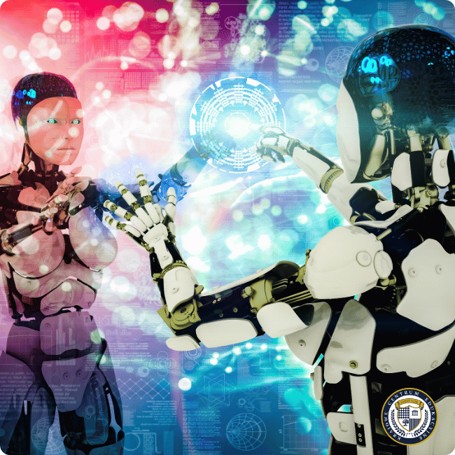 Dwa roboty jako metafora pracy specjalisty AI nad rozwojem sztucznej inteligencji, współdzielące świecący hologram w futurystycznym otoczeniu z niebiesko-różowym oświetleniem
