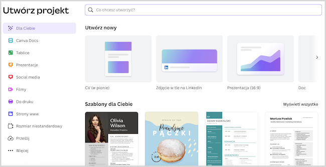 Zrzut ekranu Canvy, tworzenie nowych szablonów i projektów