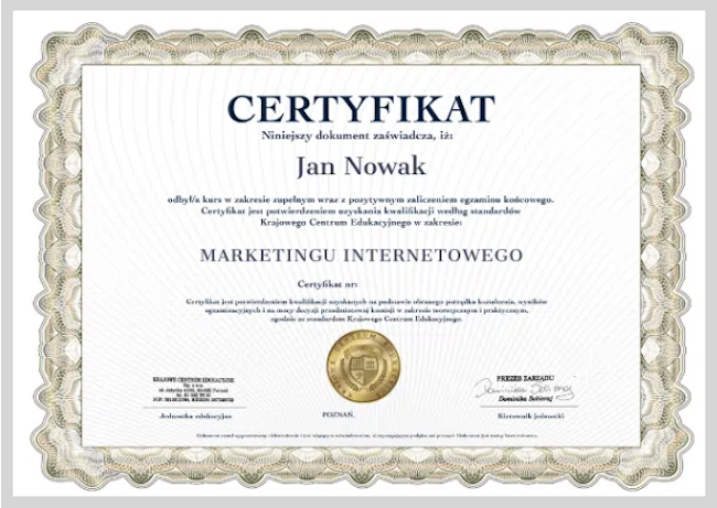 Zrzut ekranu Certyfikatu Krajowego Centrum Edukacyjnego z kursu marketingu internetowego