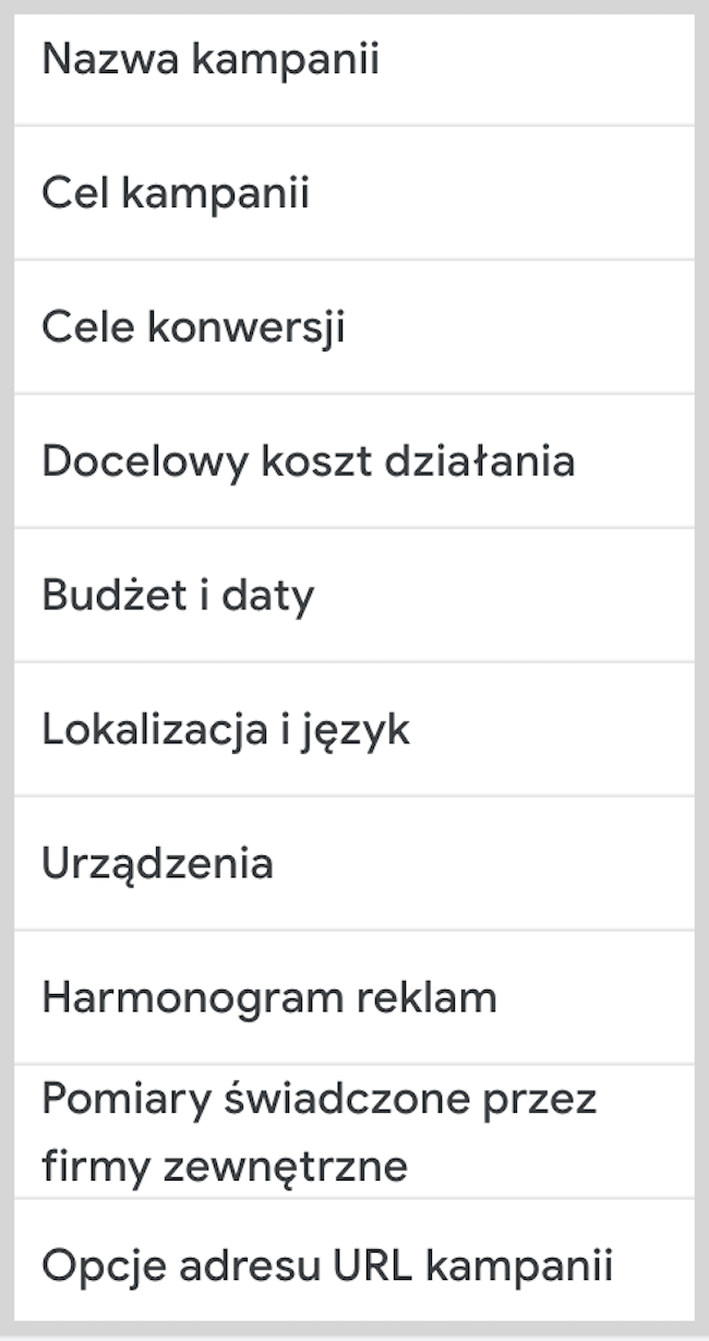 Zrzut ekranu elementów ustawienia kampanii Google Ads