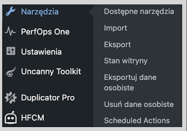 Zrzut ekranu kokpitu Wordpressa, panelu bocznego "narzędzia>eksport"