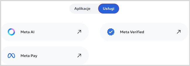 Zrzut ekranu usług meta