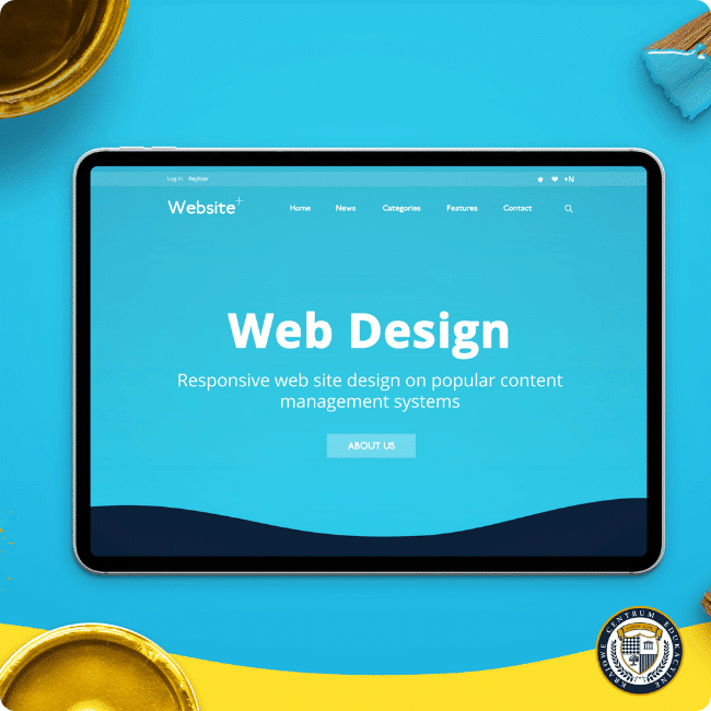 Tablet wyświetlający stronę internetową o web designie z responsywnym układem, pokazujący menu nawigacyjne i nagłówek 'Web Design' na turkusowym tle, otoczony złotymi elementami dekoracyjnymi