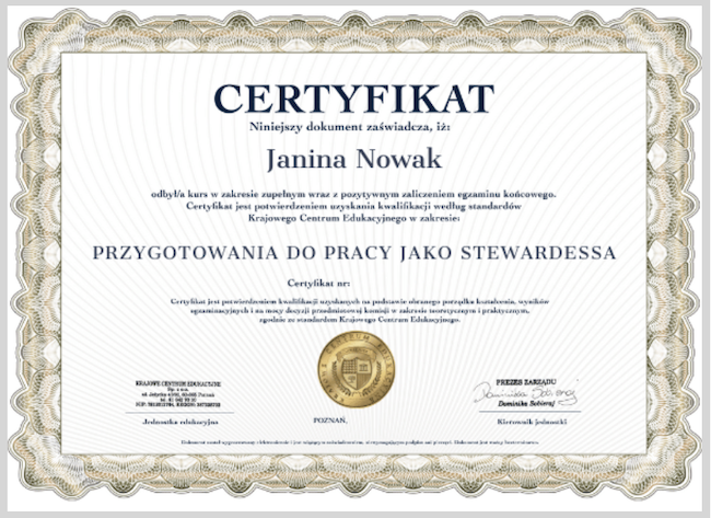 Zrzut ekranu certyfikatu z ukończenia kursu na stewardessę