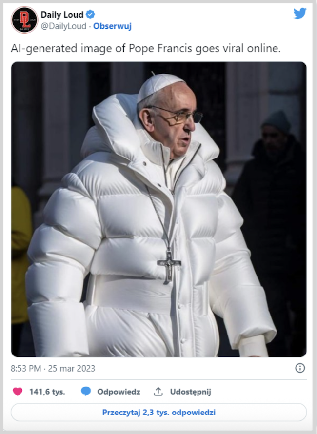 Zdjęcie deepfake prezentujący papieża Franciszka w zimowej kurtce
