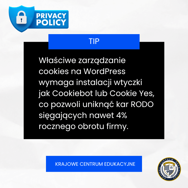 Infografika tip: instalacja wtyczek cookies WordPress (Cookiebot, Cookie Yes) dla zgodności z RODO - logo KCE
