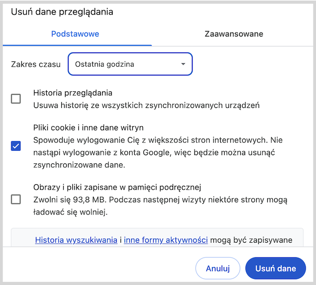 Zrzut ekranu usunięcia cookies w przeglądarce - zaznaczone pole "pliki cookies i inne dane witryny", na dole napis na niebiesko "usuń dane"
