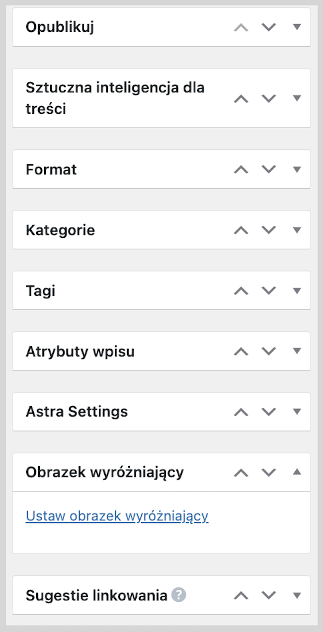 Zrzut ekranu panelu bocznego w tworzeniu wpisu.