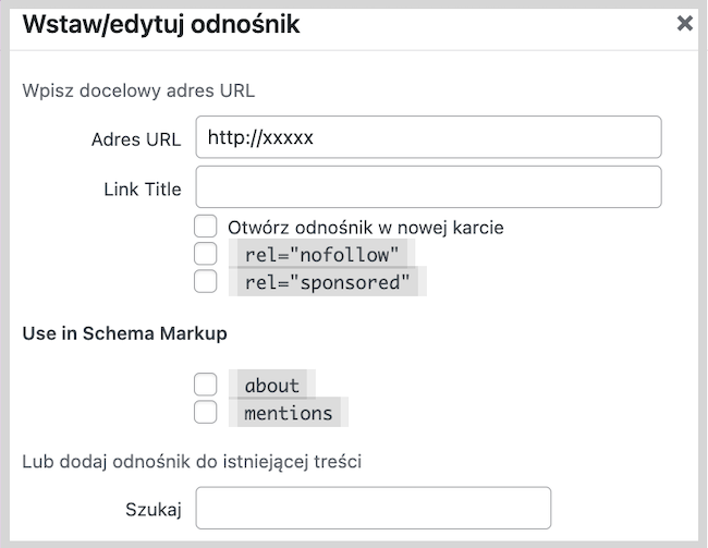 Zrzut ekranu edycji wpisu linku - na Wordpressie