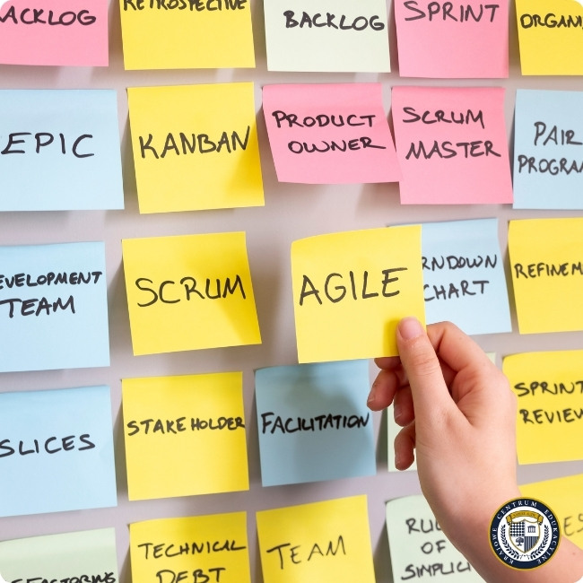 Tablica z kolorowymi karteczkami samoprzylepnymi zawierającymi terminy metodyk Agile: Scrum, Kanban, Sprint, Backlog, Product Owner, Scrum Master, Epic, Retrospective, dłoń układająca karteczkę