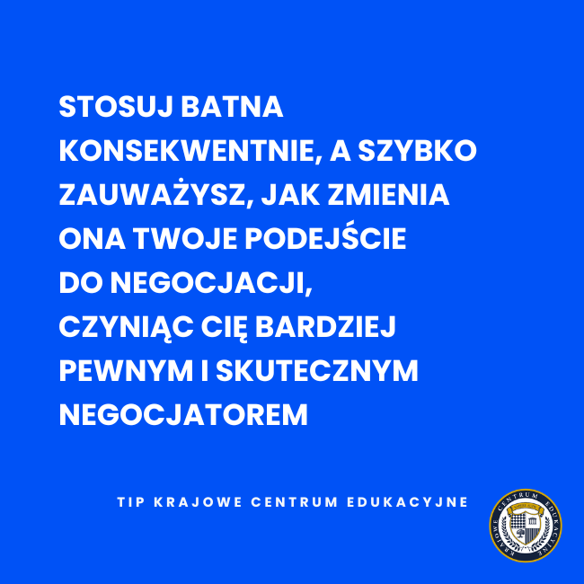  Hasło na niebieskim tle o tym, jak BATNA zmienia podejście do negocjacji.