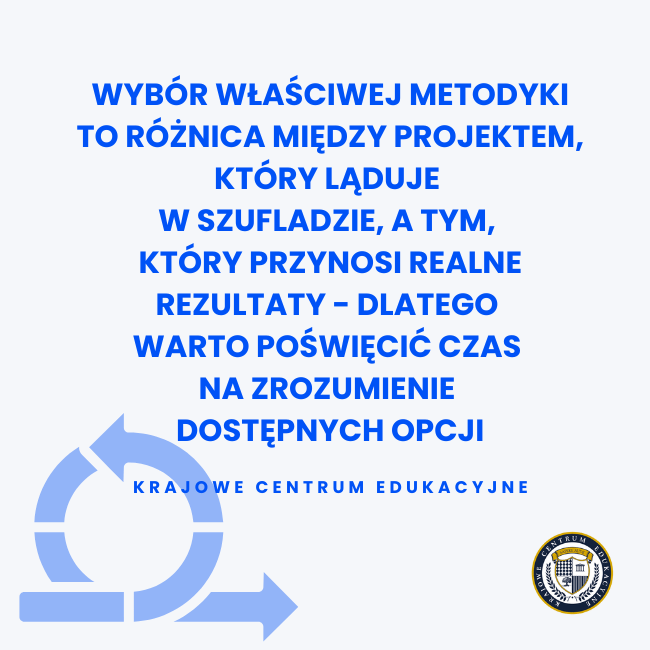 Alt (tekst alternatywny):Infografika przedstawiająca cytat o wyborze metodyki zarządzania projektami na niebieskim tle z logo Krajowego Centrum Edukacyjnego