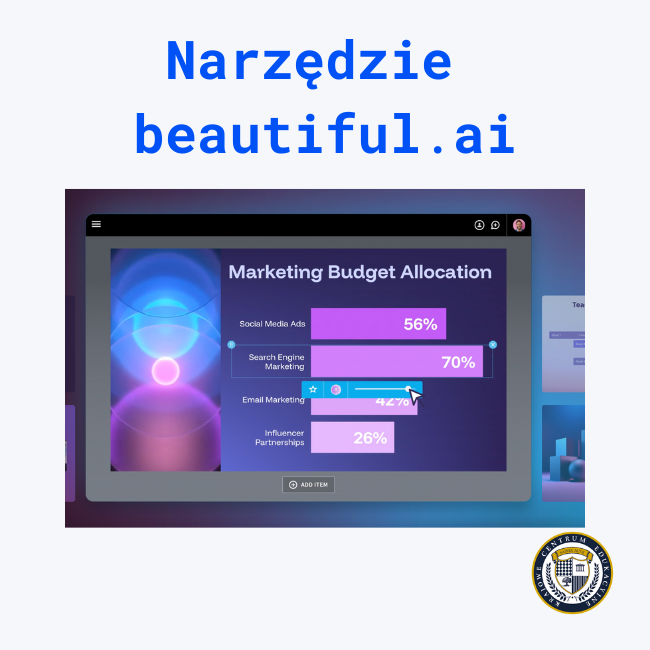 Interfejs programu do prezentacji Beautiful.ai z wykresem alokacji budżetu marketingowego wygenerowanym przez sztuczną inteligencję