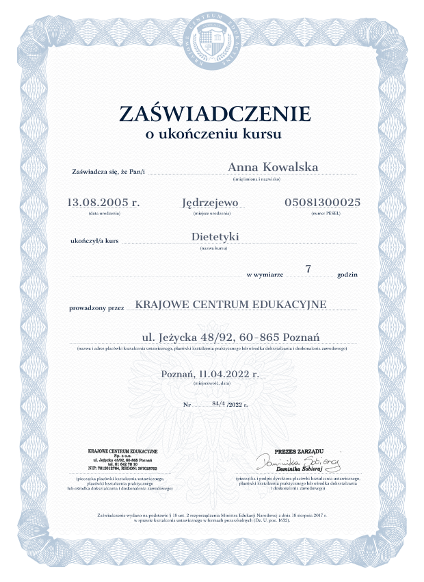 Zaświadczenie o ukończeniu kursu dietetyki