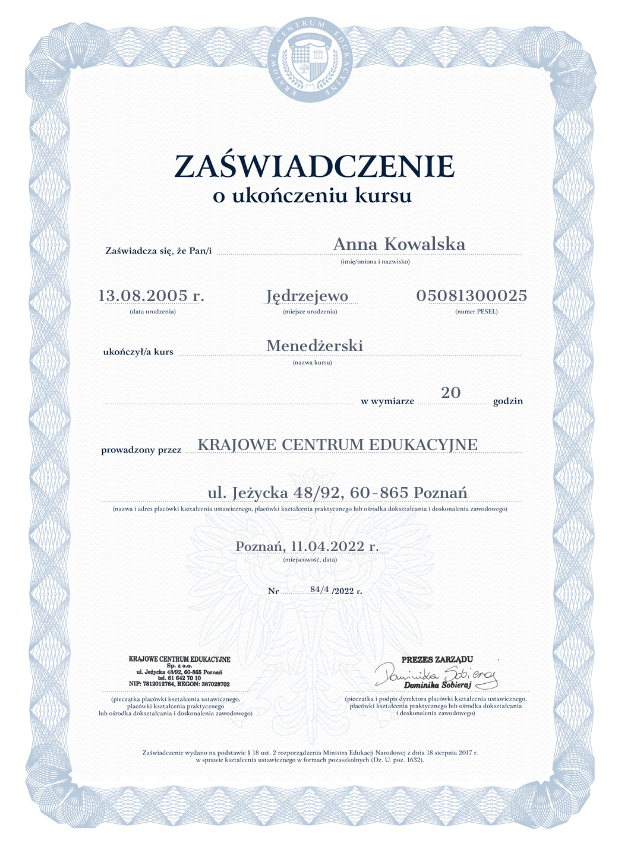 Zaświadczenie o ukończeniu szkolenia menedżerskiego